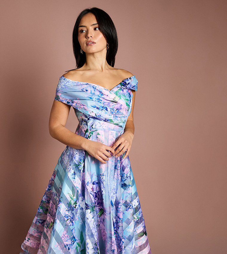 Petite Printed Organza Pleated Midi Dress