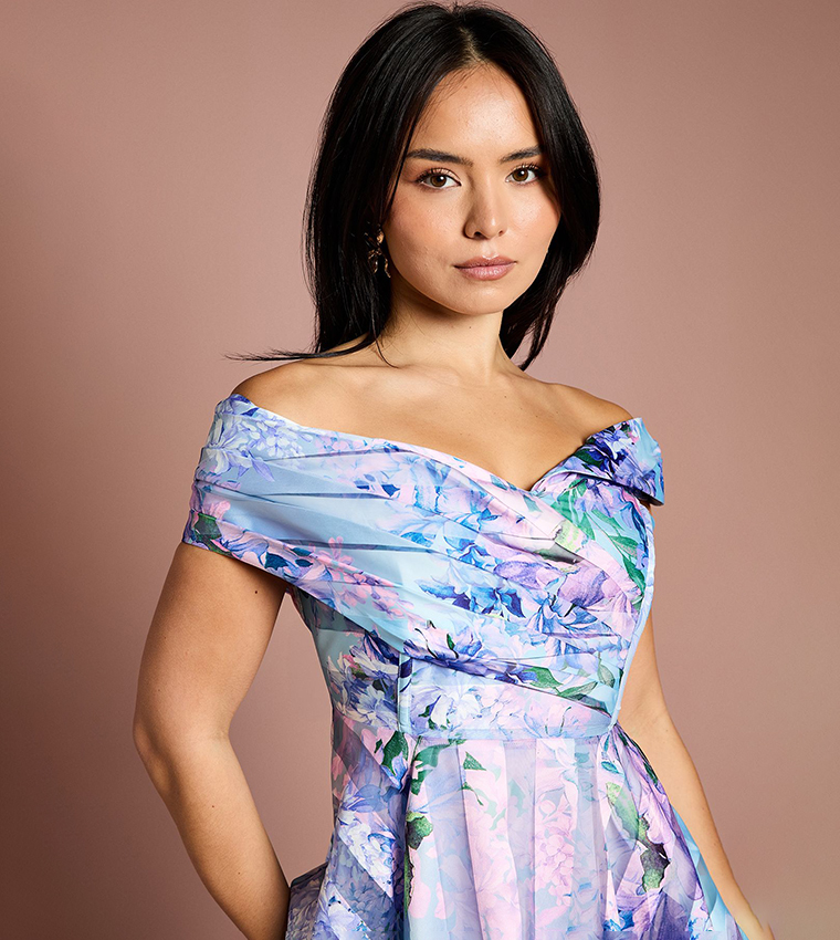 Petite Printed Organza Pleated Midi Dress