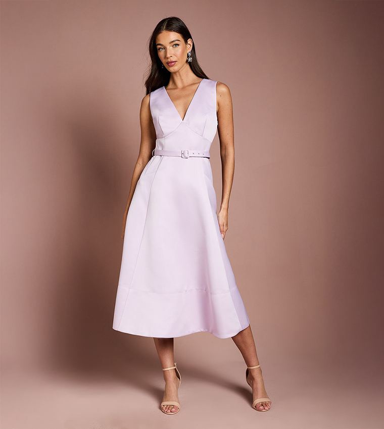 V-Neck Structured Satin Belted Midi Dress