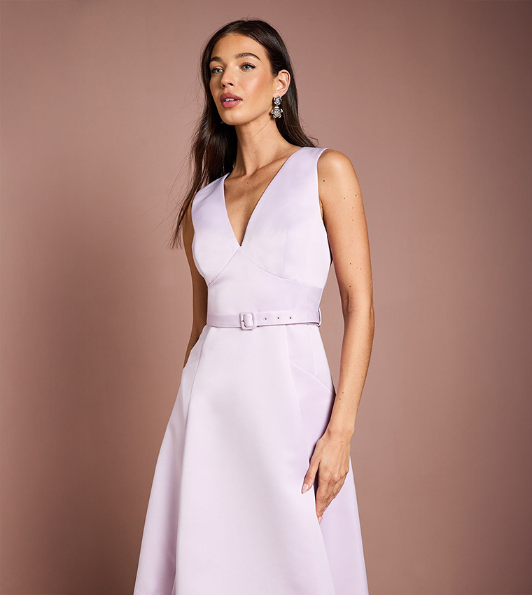 V-Neck Structured Satin Belted Midi Dress