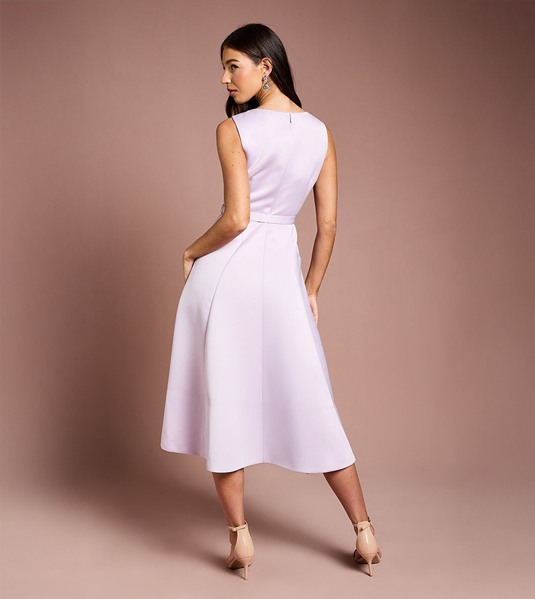V-Neck Structured Satin Belted Midi Dress
