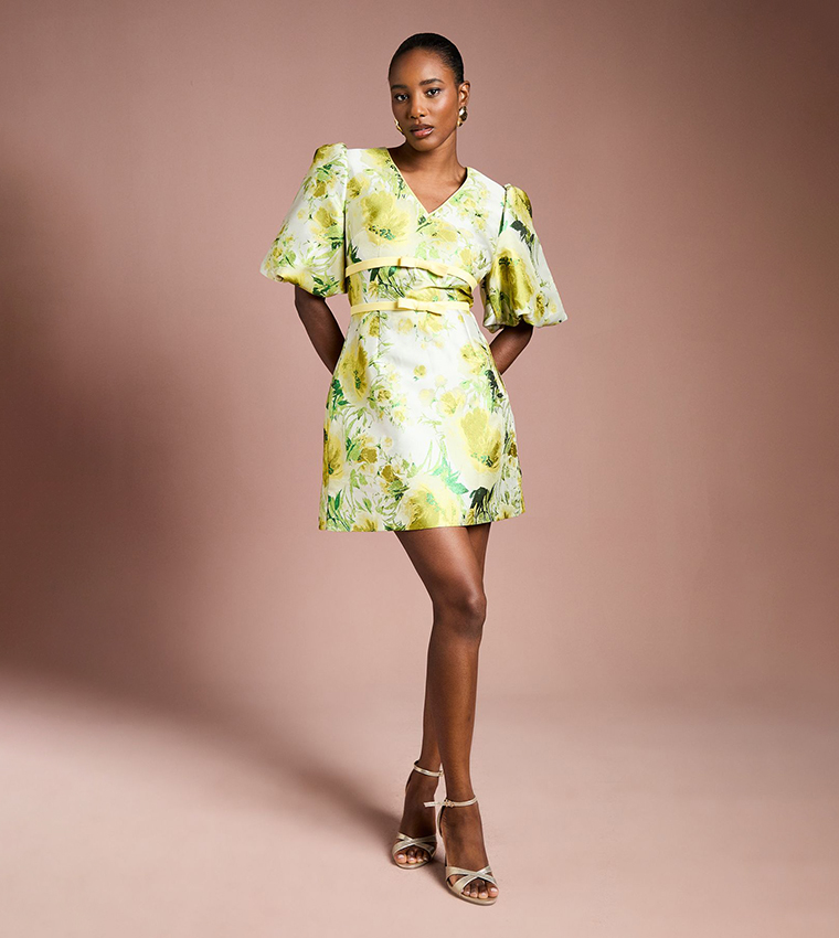 Floral Jacquard Puff Sleeves Mini Dress