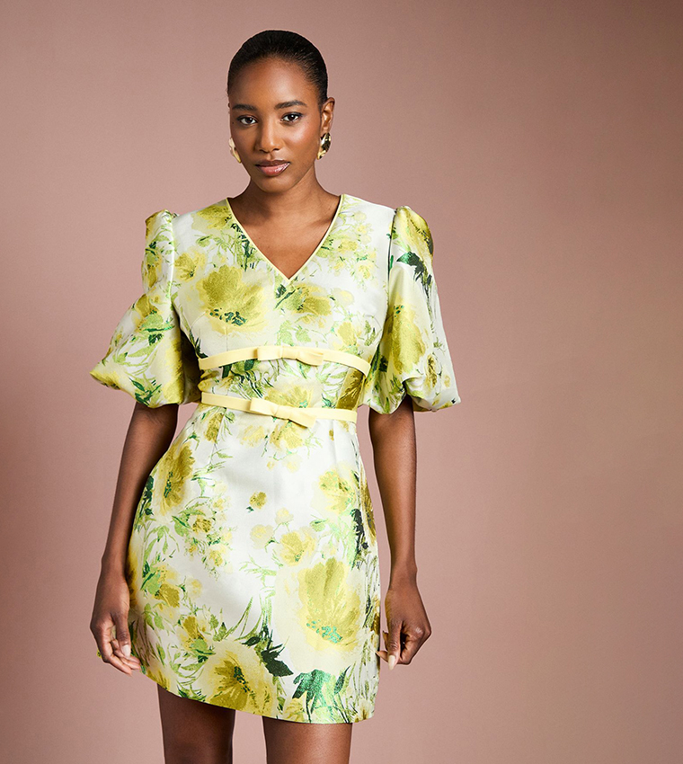 Floral Jacquard Puff Sleeves Mini Dress