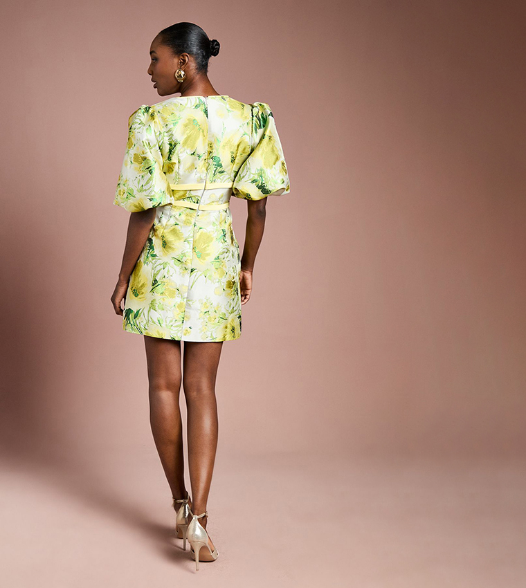 Floral Jacquard Puff Sleeves Mini Dress