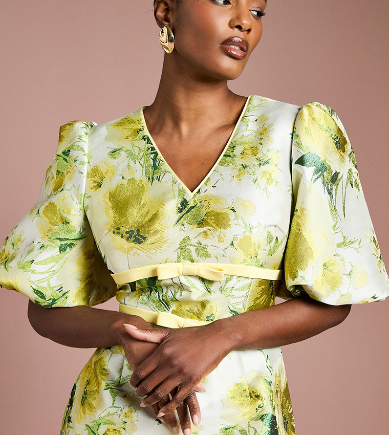 Floral Jacquard Puff Sleeves Mini Dress