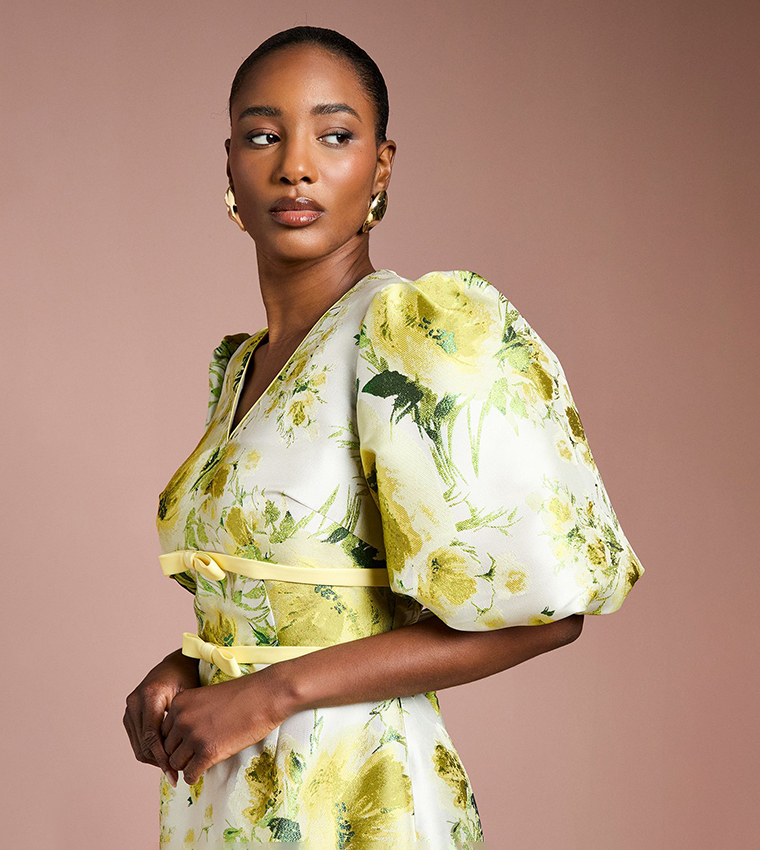 Floral Jacquard Puff Sleeves Mini Dress