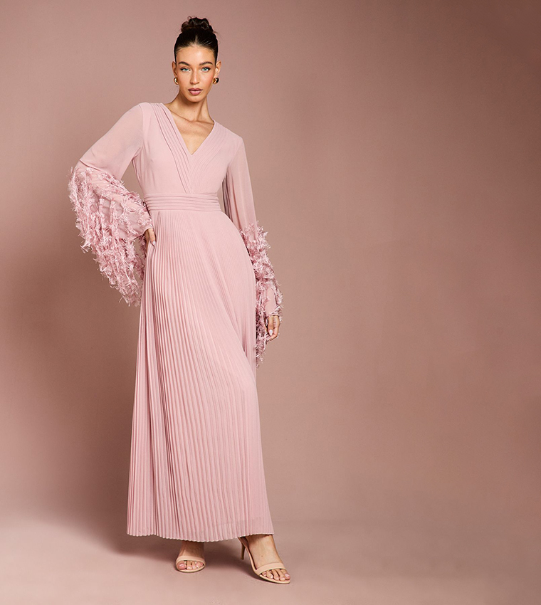 Feather Cuff V-Neck Georgette Maxi Dress