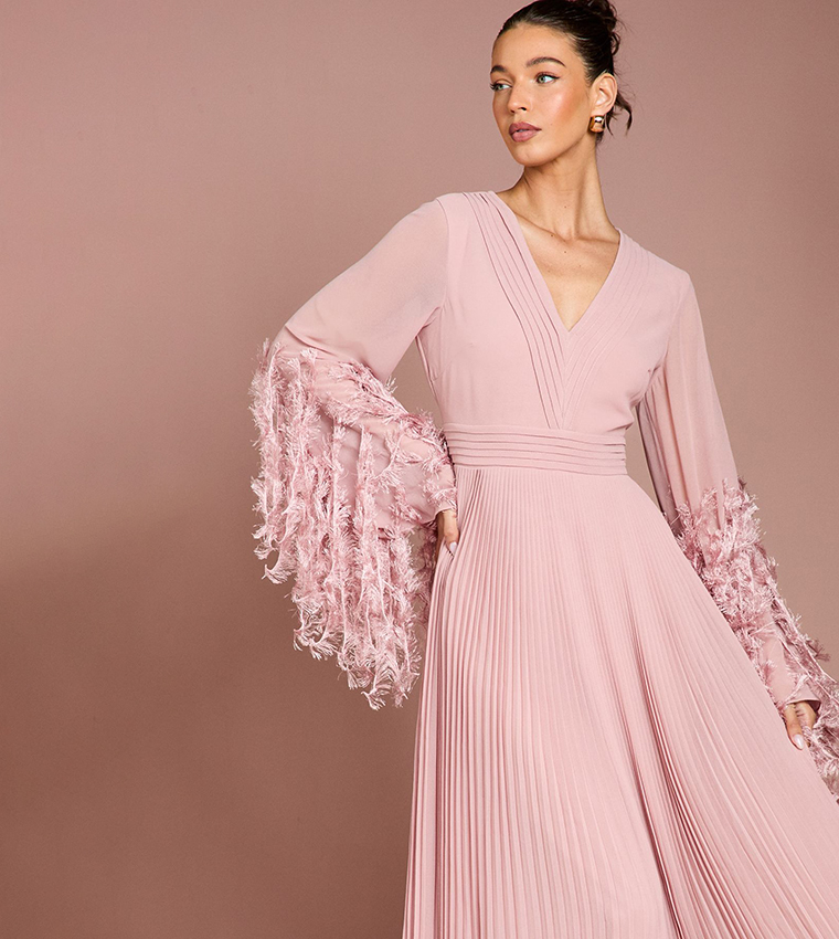 Feather Cuff V-Neck Georgette Maxi Dress