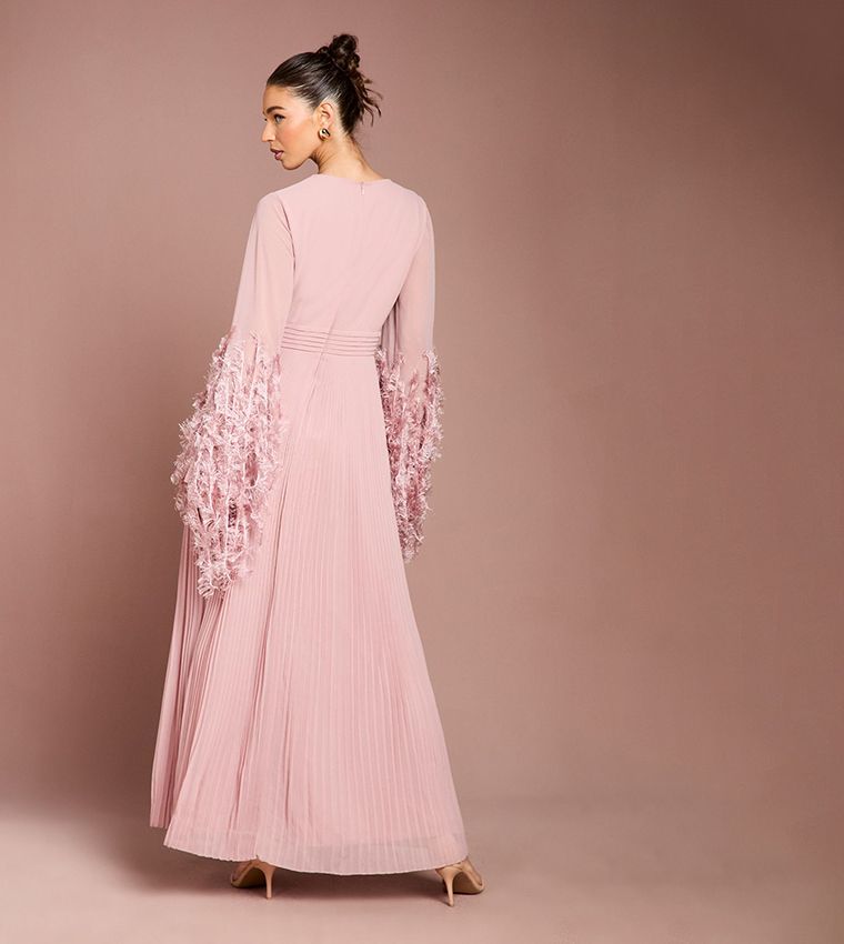 Feather Cuff V-Neck Georgette Maxi Dress