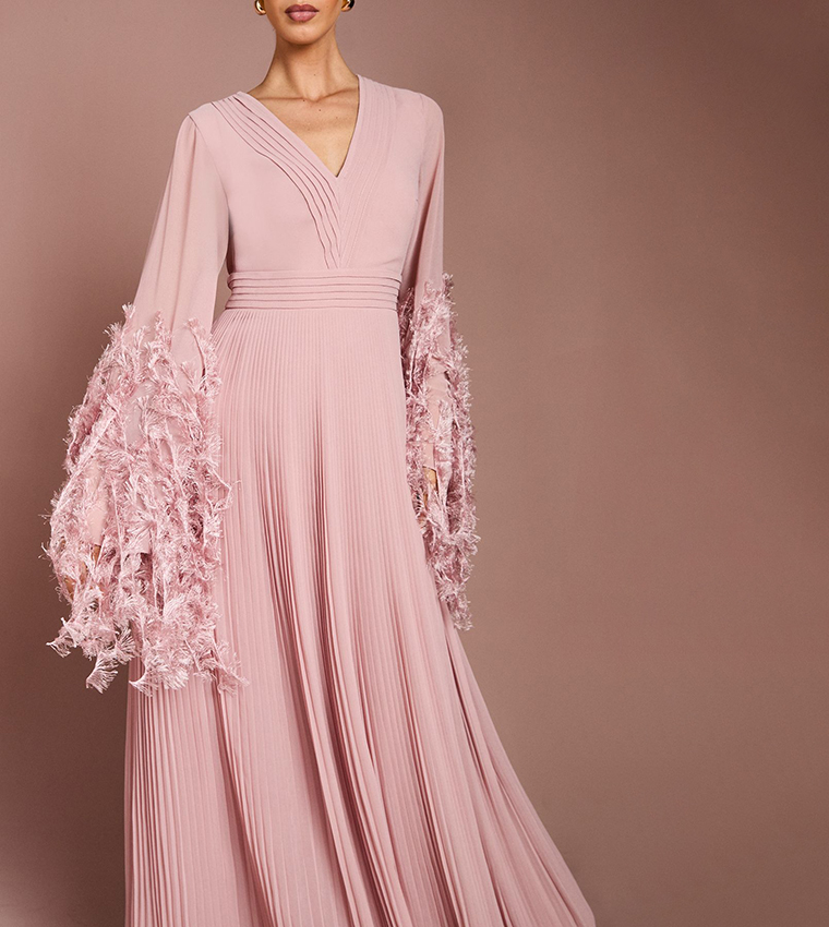 Feather Cuff V-Neck Georgette Maxi Dress