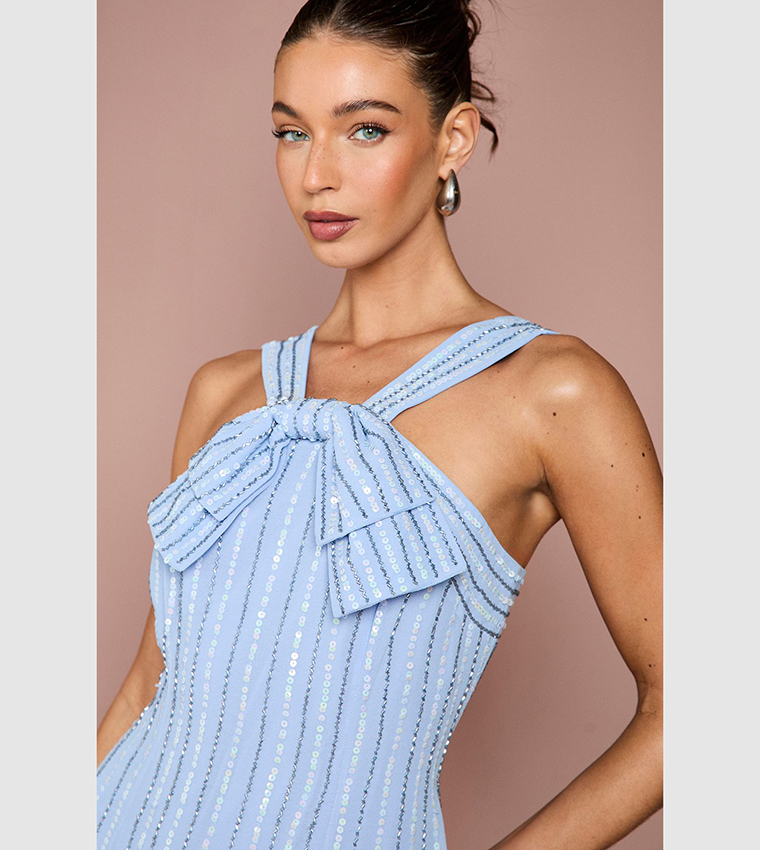 Embellished Cross Front Bow Detail Midi Dress