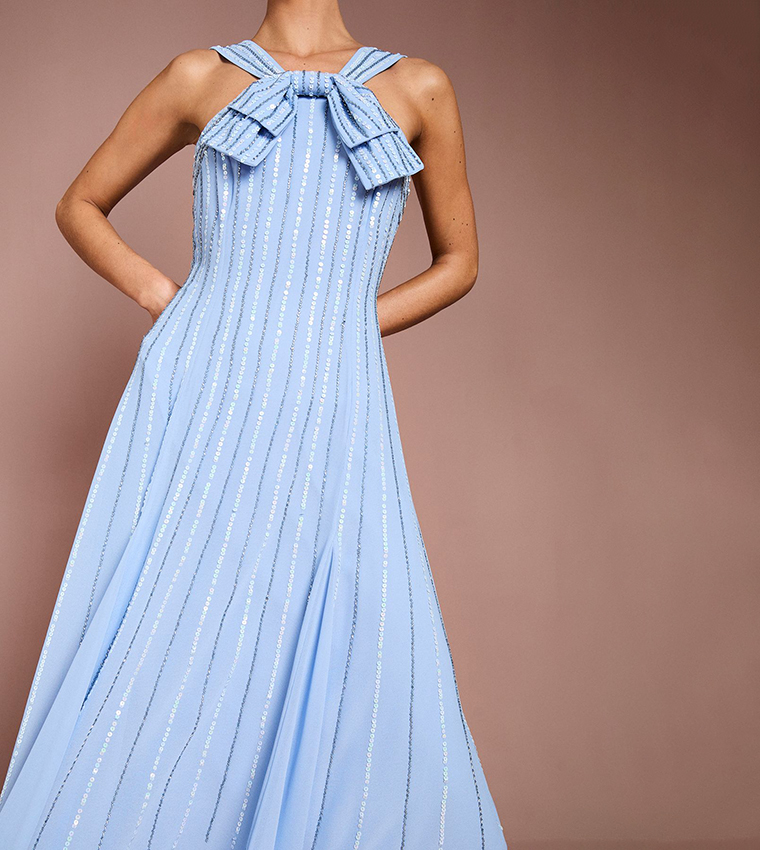 Embellished Cross Front Bow Detail Midi Dress