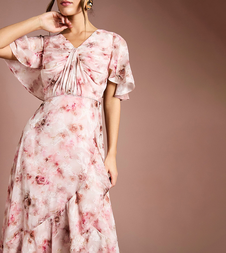 Printed Satin Jacquard Twist Front Midi Dress