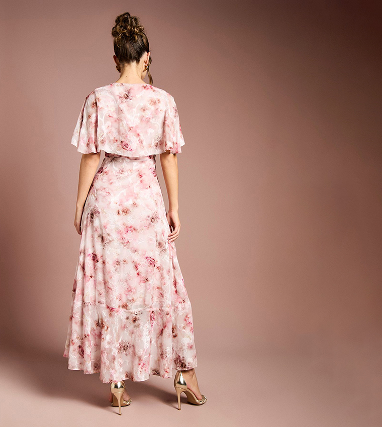 Printed Satin Jacquard Twist Front Midi Dress