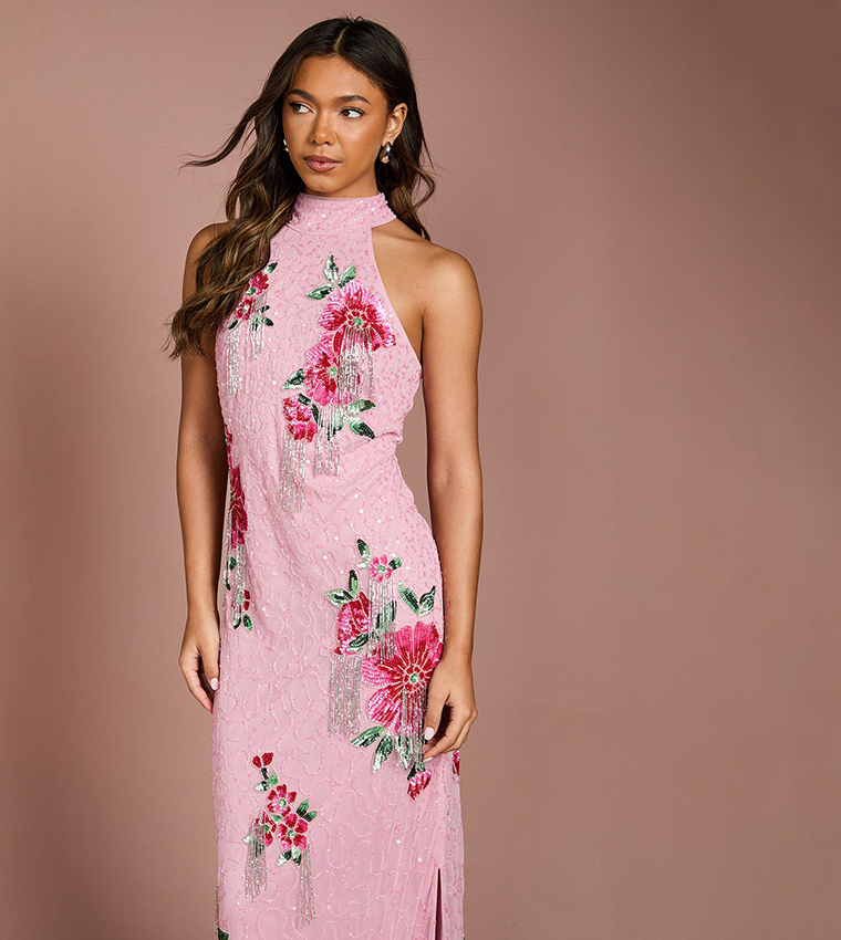 chinese dress ladies Sky Blue Plus Size Floral Print Split Neck Shirred High Waist Long Sle –  HannaBanna Clothing main image 0