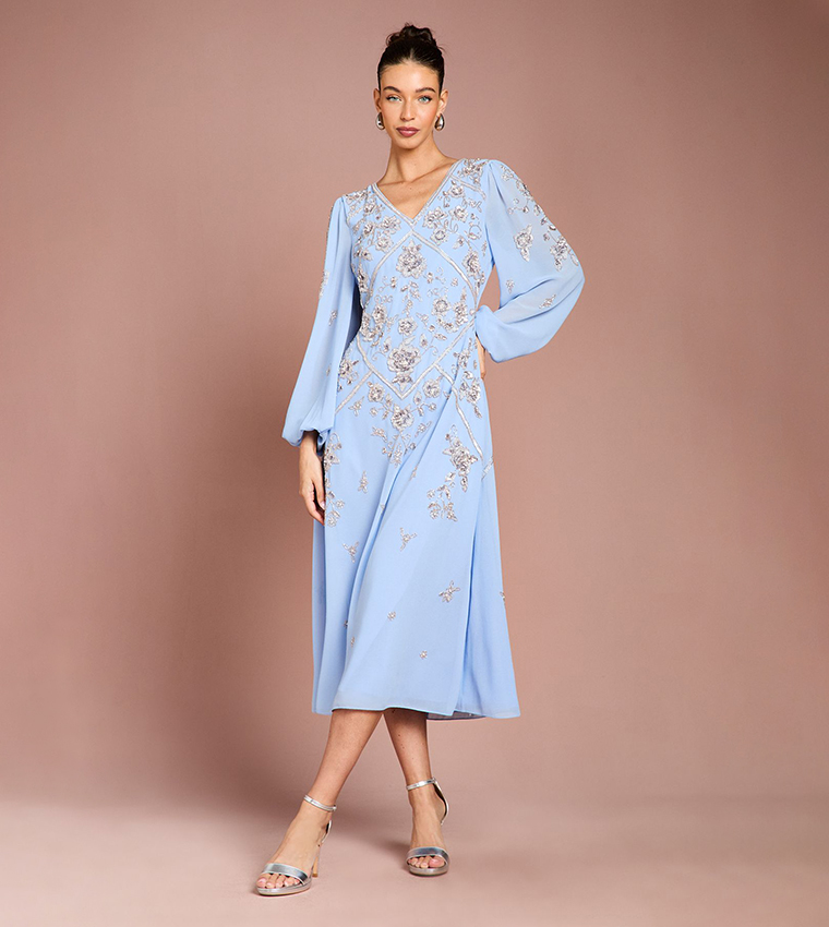 Embellished Long Sleeves Georgette Midi Dress