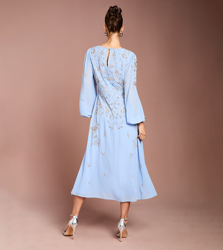 Embellished Long Sleeves Georgette Midi Dress