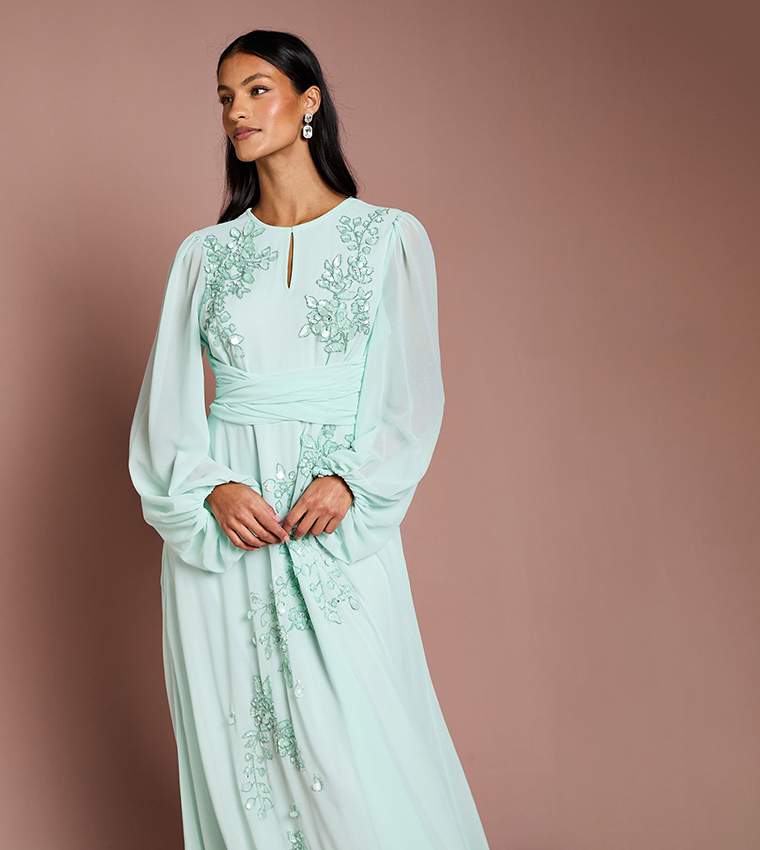 Petite Embellished Long Sleeves Wrap Waist Maxi Dress