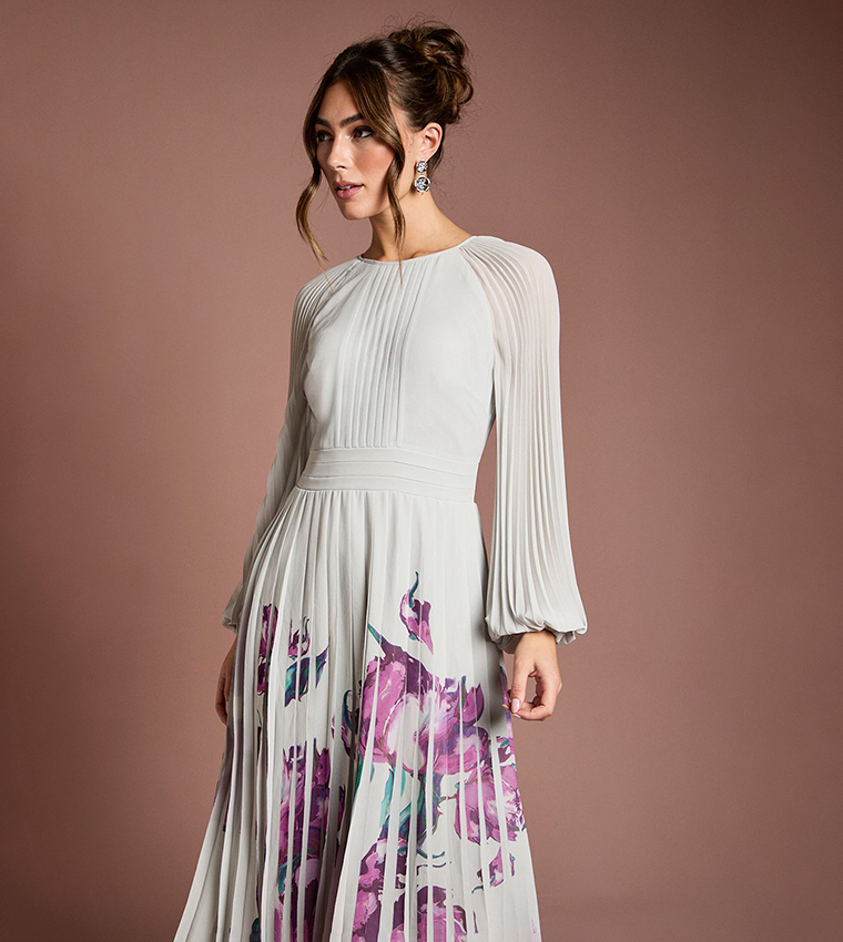 Placement Print Pleated Midi Dress
