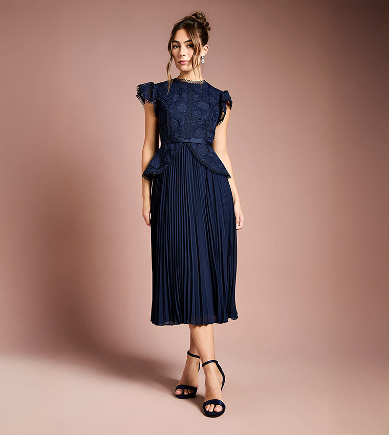 Lace Bodice Peplum Midi Dress