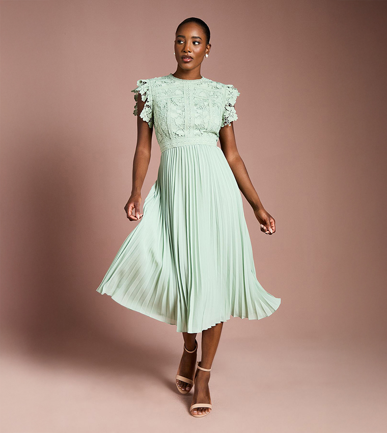 Buy Coast Flutter Sleeves Lace Top Pleated Skirt Midi Dress In Green | 6thstreet UAE Buy Coast Flutter Sleeves Lace Top Pleated Skirt Midi Dress In Green | 6thstreet UAE