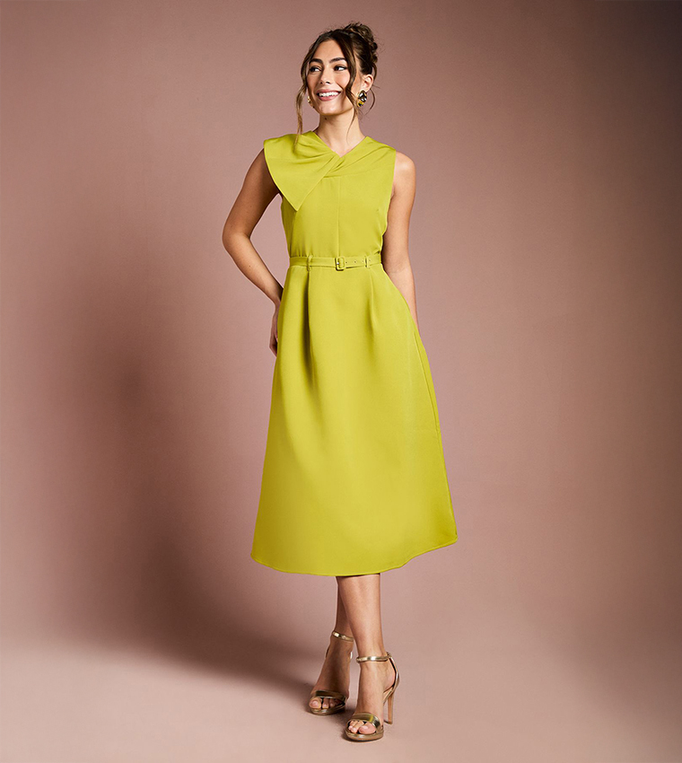 Bow Detail Belted Crepe Midi Dress