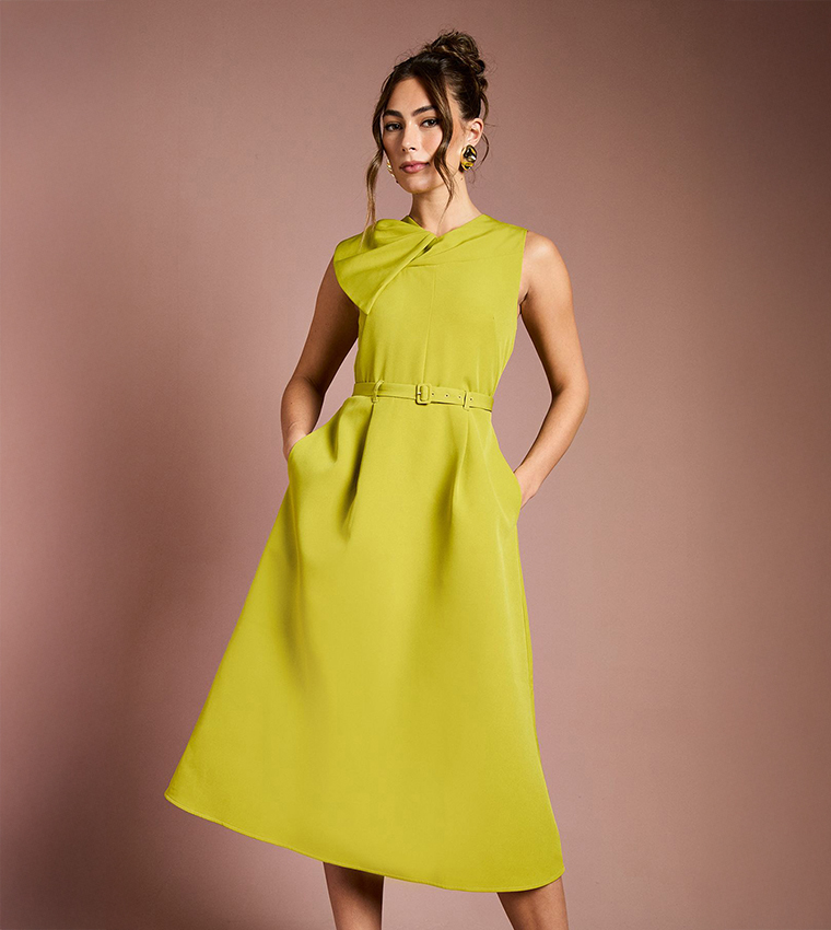 Bow Detail Belted Crepe Midi Dress