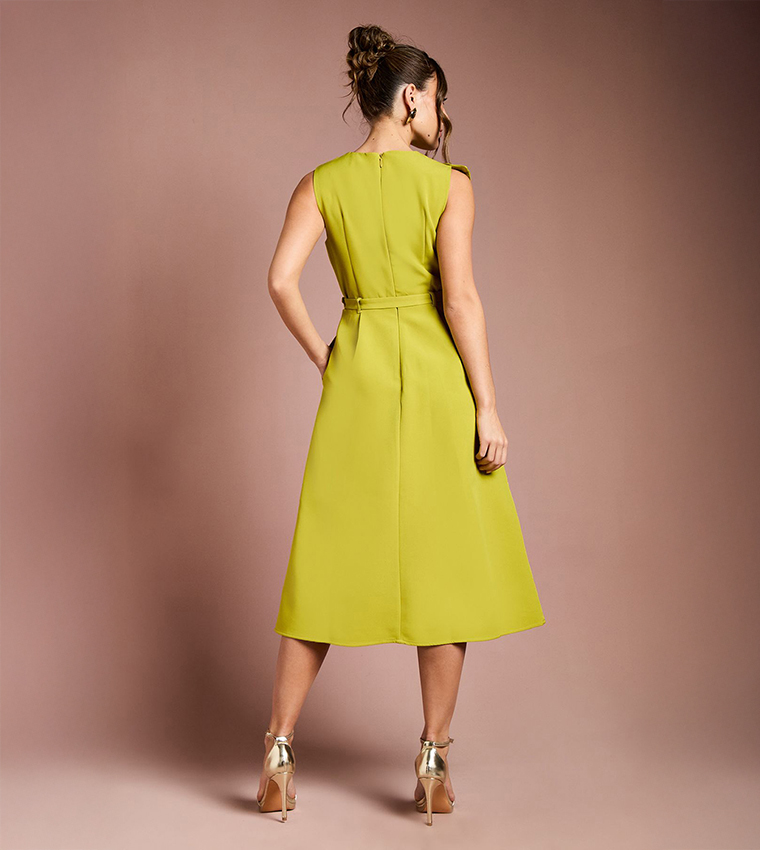 Bow Detail Belted Crepe Midi Dress