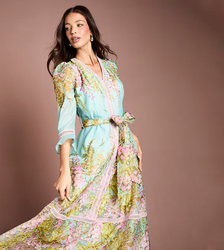 Lace Trim Placement Print 3/4 Sleeves Midi Dress