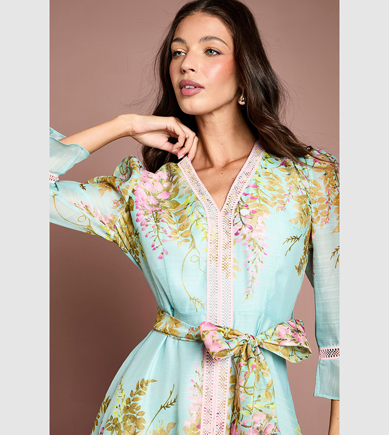 Lace Trim Placement Print 3/4 Sleeves Midi Dress