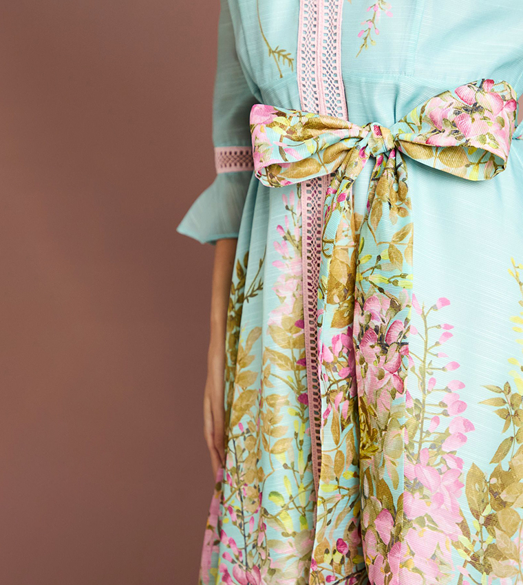 Lace Trim Placement Print 3/4 Sleeves Midi Dress