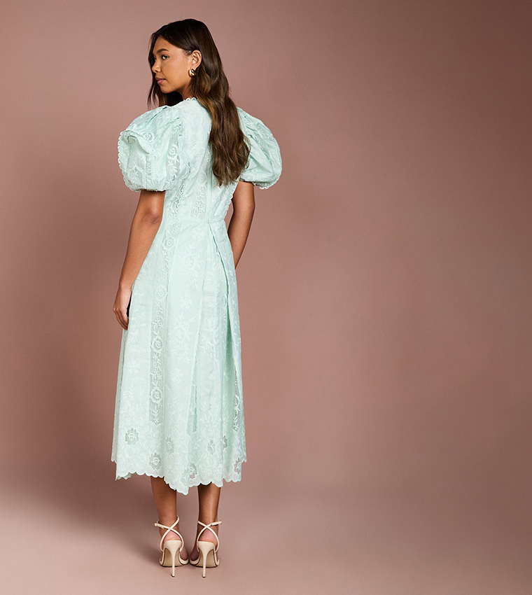 Puff Sleeves Lace Midi Dress