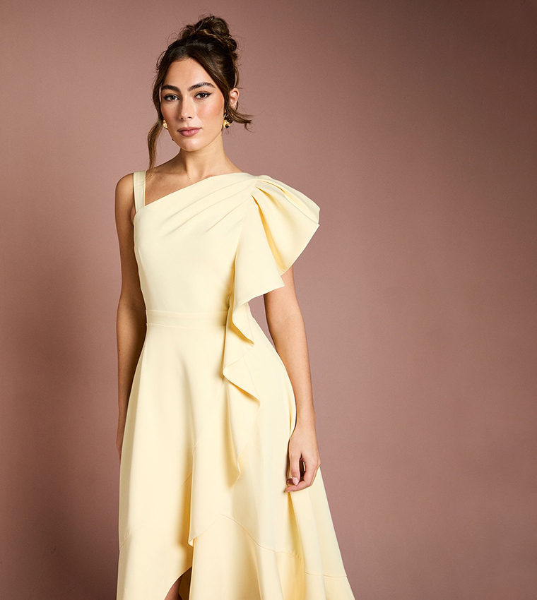 One Shoulder Crepe Ruffle Midi Dress