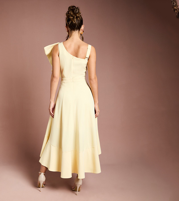 One Shoulder Crepe Ruffle Midi Dress