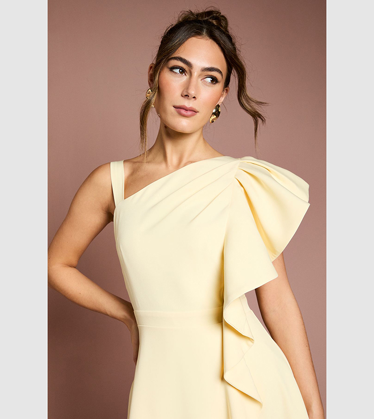 One Shoulder Crepe Ruffle Midi Dress