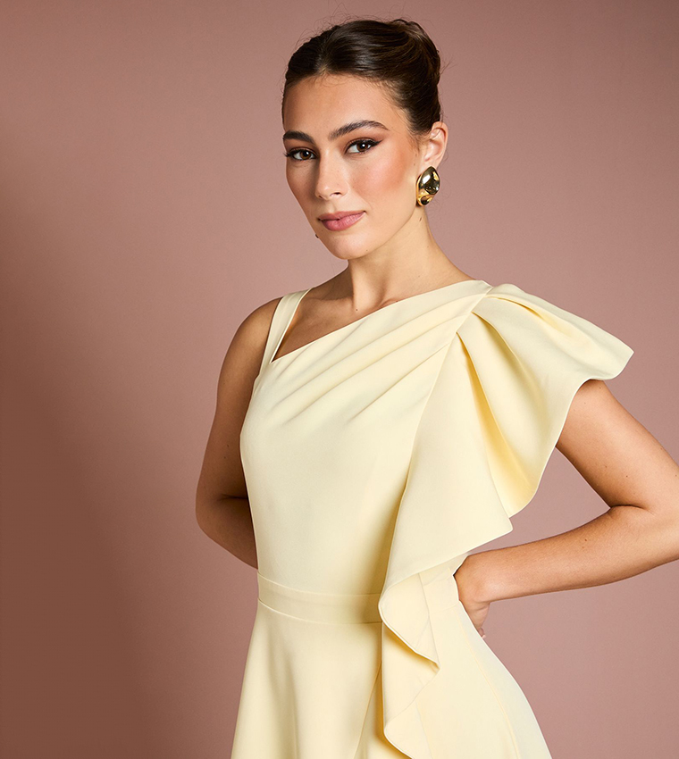 One Shoulder Crepe Ruffle Midi Dress