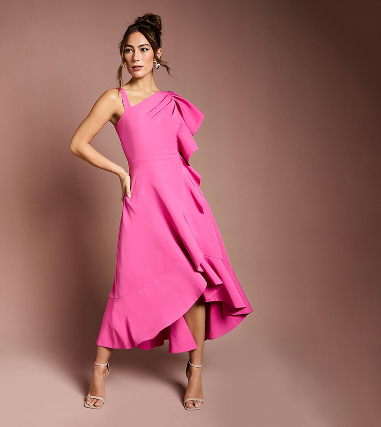 One Shoulder Crepe Ruffle Midi Dress