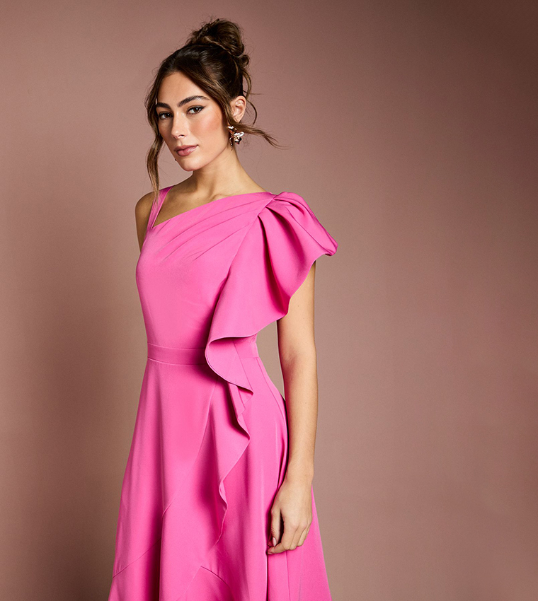 One Shoulder Crepe Ruffle Midi Dress