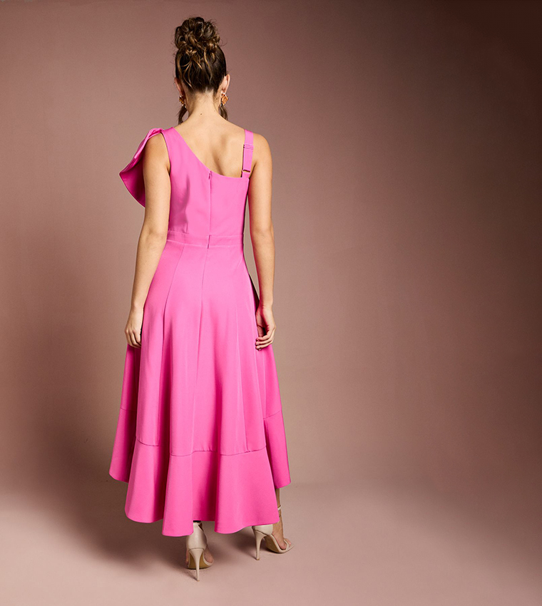 One Shoulder Crepe Ruffle Midi Dress