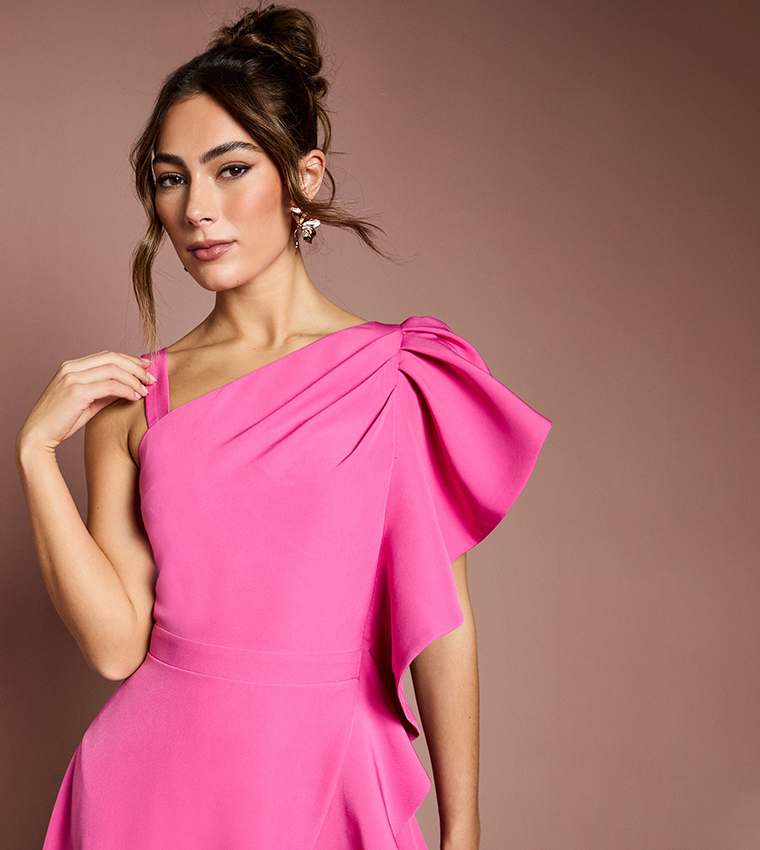 One Shoulder Crepe Ruffle Midi Dress