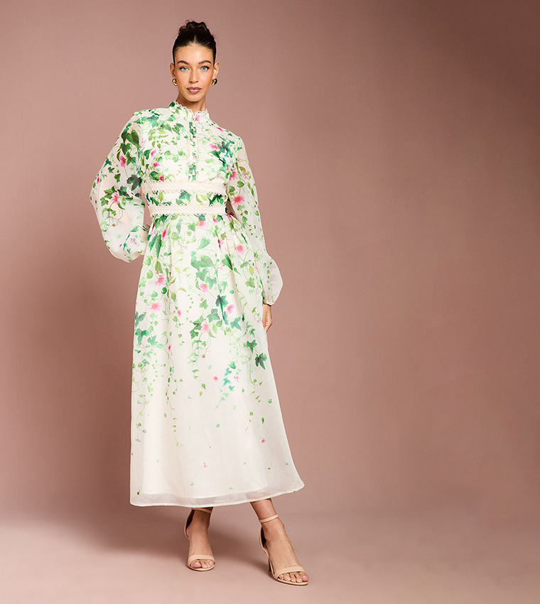Placement Print Long Sleeves Organza Midi Dress