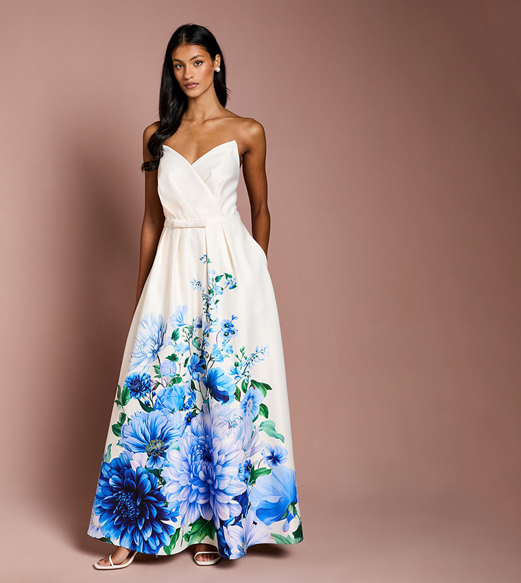 Petite Wired Bandeau Border Print Maxi Dress