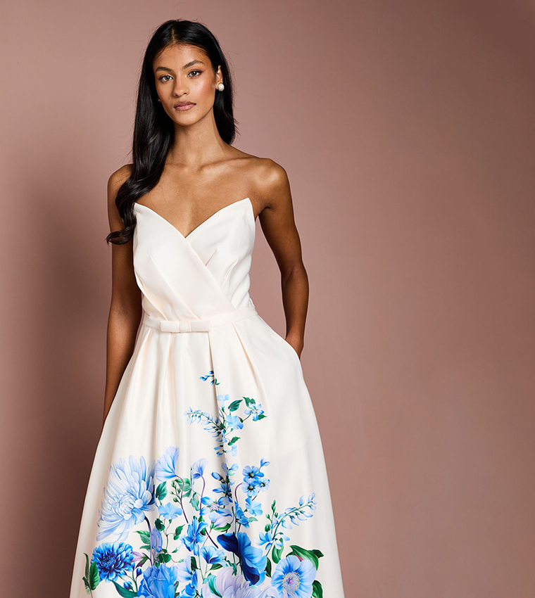 Petite Wired Bandeau Border Print Maxi Dress