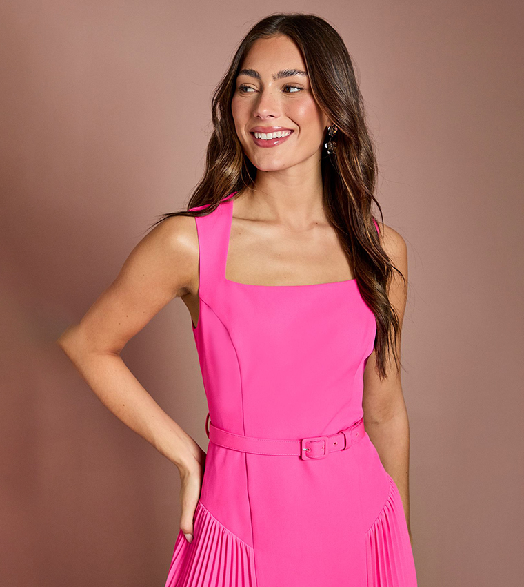 Belted Maxi Dress with Pleated Sides