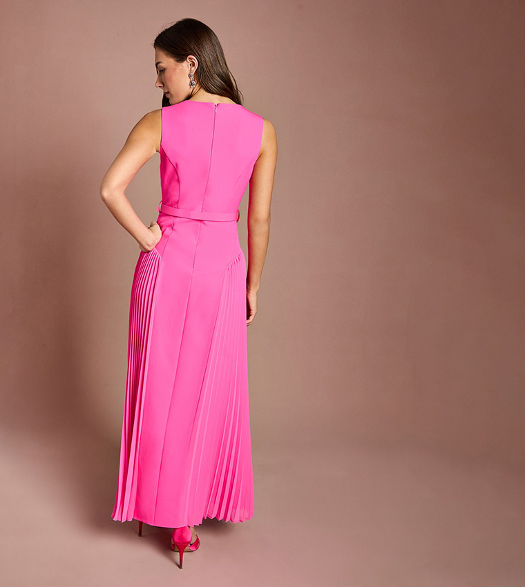 Belted Maxi Dress with Pleated Sides