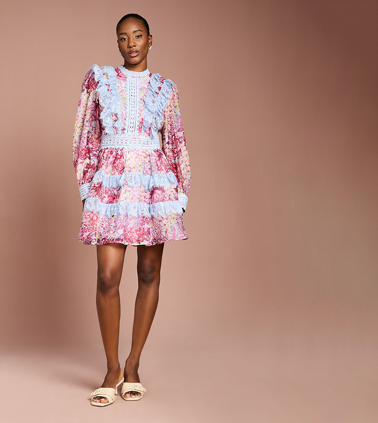 Printed Long Sleeves Lace Trim Mini Dress