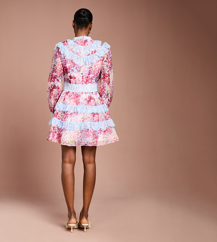 Printed Long Sleeves Lace Trim Mini Dress