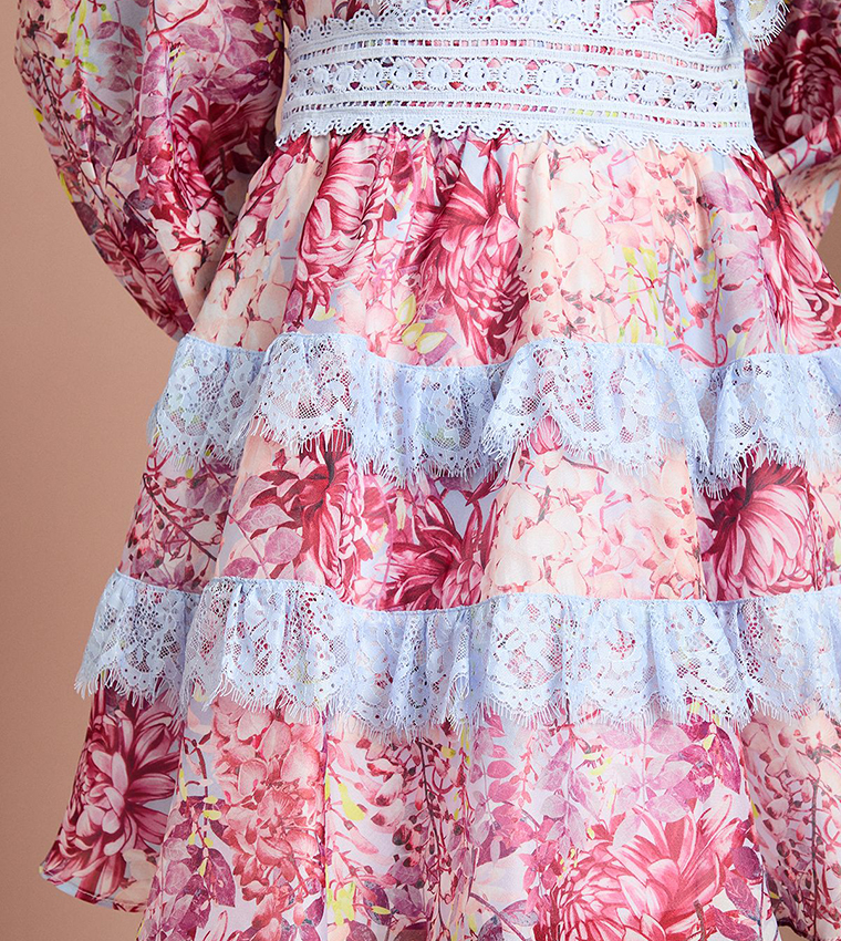 Printed Long Sleeves Lace Trim Mini Dress