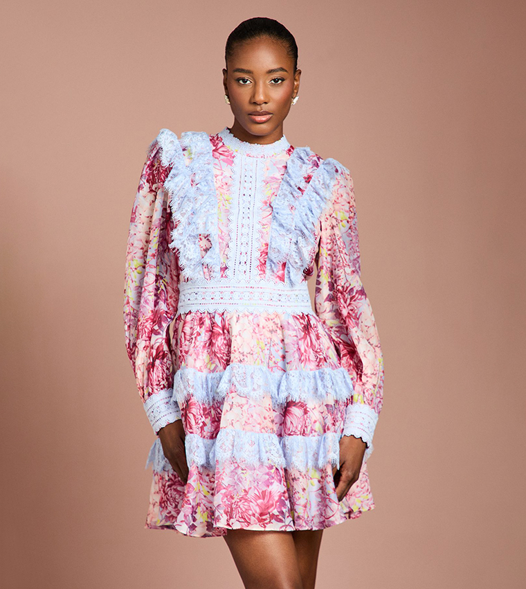 Printed Long Sleeves Lace Trim Mini Dress