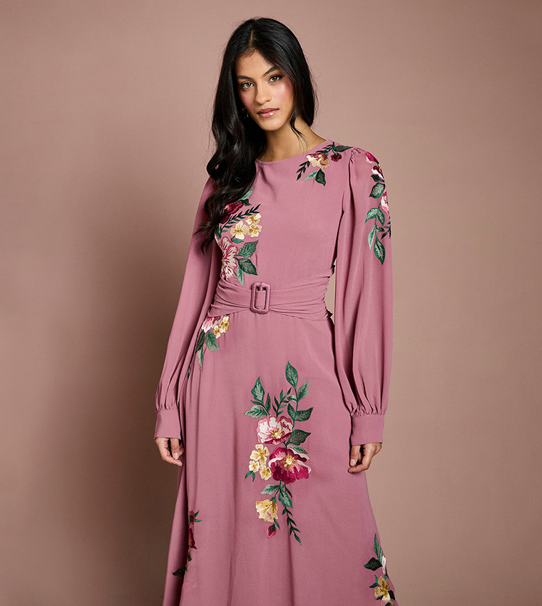 Buy Coast Petite Embroidered Long Sleeves Belted Midi Dress In Rose |  6thstreet UAE